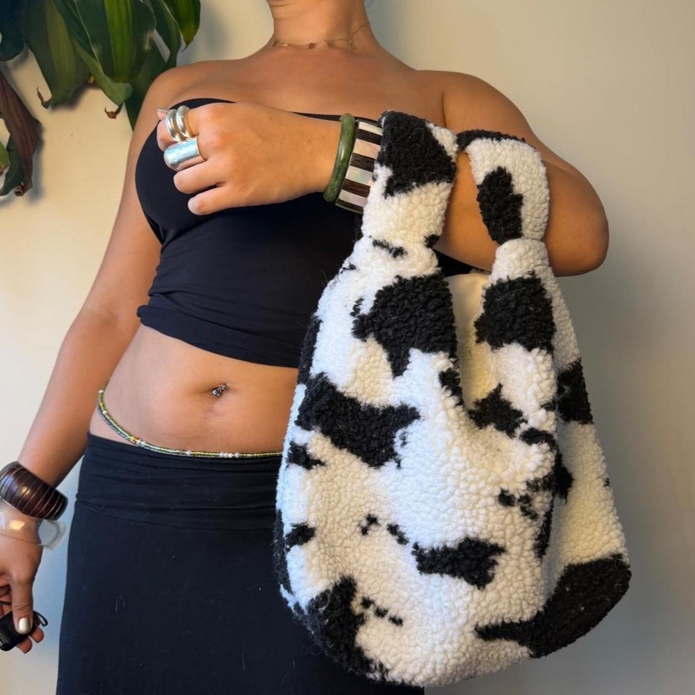 Y2K Alt Fuzzy Cow Print Bag Festival Sherpa Tote Black White Boho Hobo Handbag